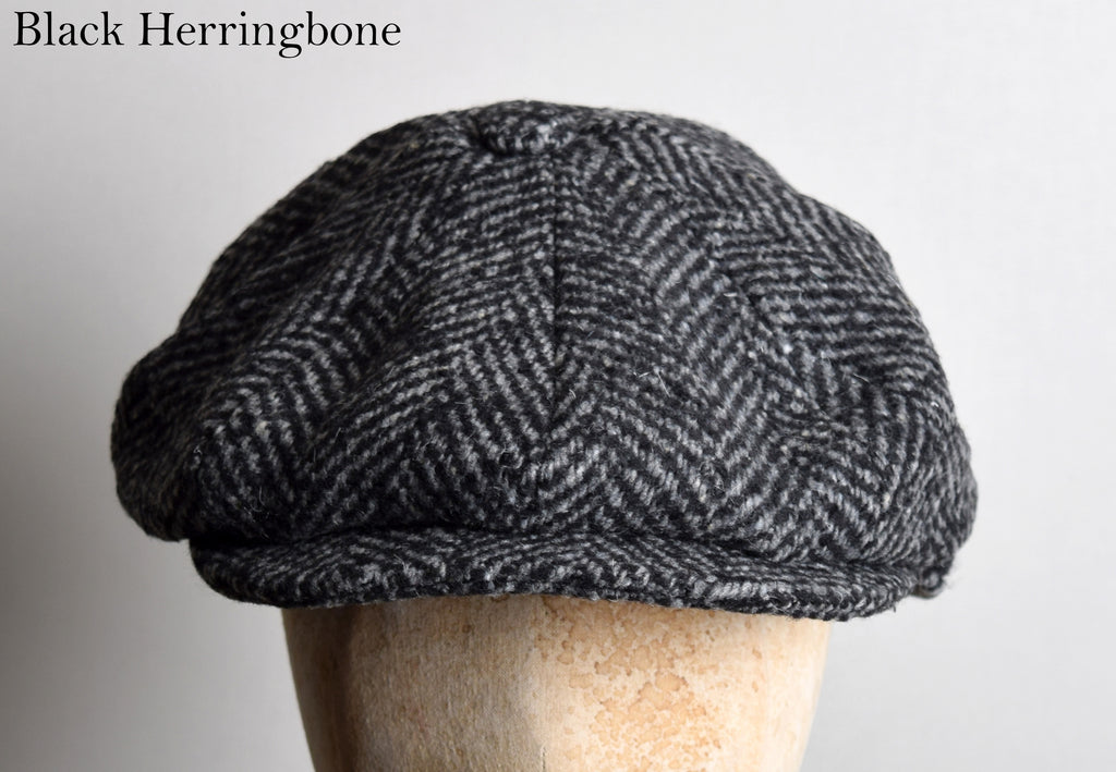 Large Scale Herringbone Traditional Eight Piece Cap (HA152) - Black Herringbone