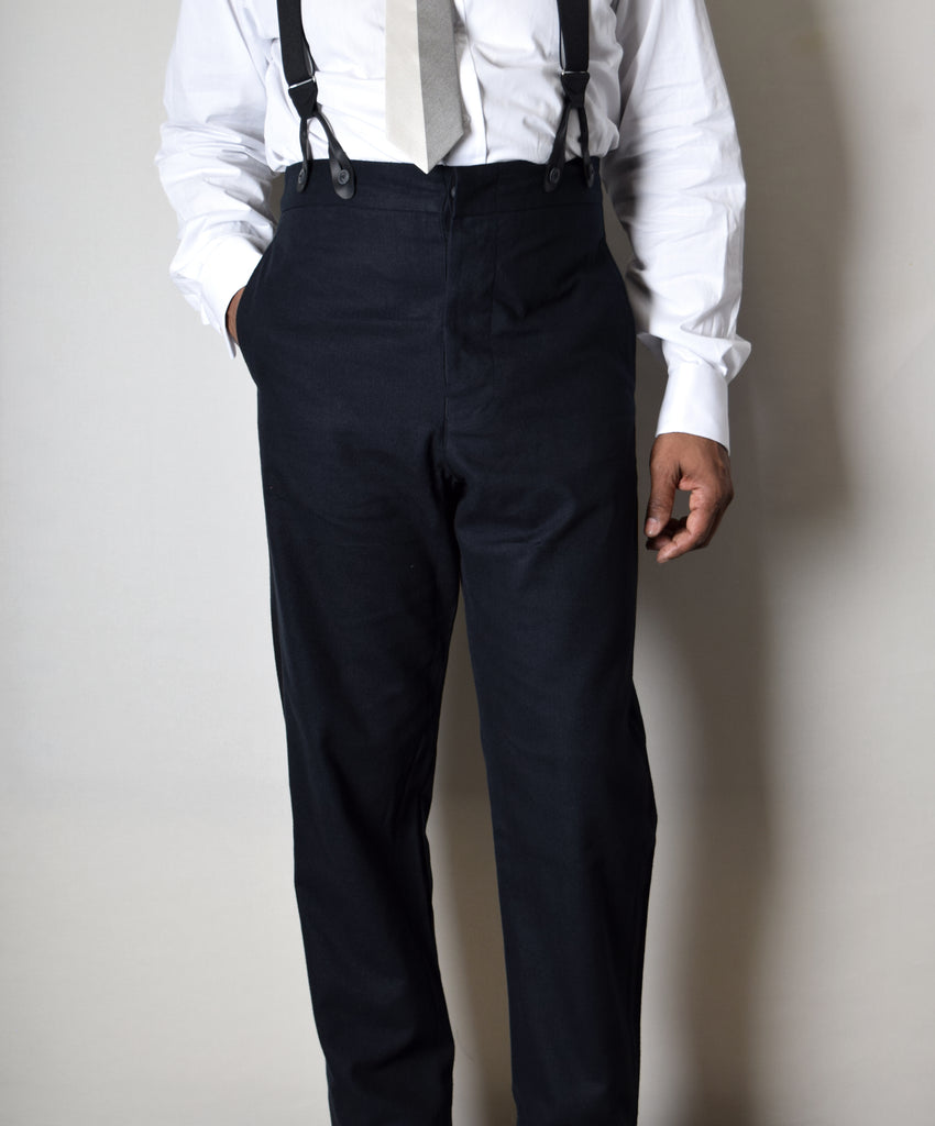 Ebony Black Brushed Cotton Herringbone Fishtail Back Trousers (TR350) - Front