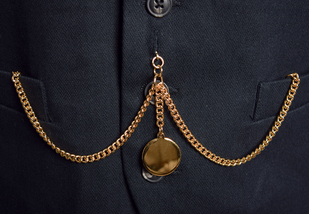 Gold Plated Double Albert Pocket Watch Chain with Engraveable Fob